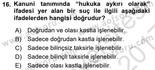 Ceza Hukuku Dersi 2016 - 2017 Yılı (Vize) Ara Sınav Soruları 16. Soru