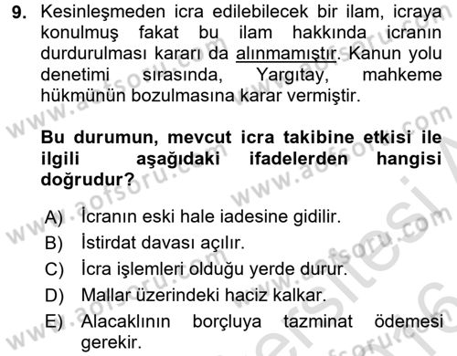 İcra İflas Hukuku Dersi 2015 - 2016 Yılı (Final) Dönem Sonu Sınav Soruları 9. Soru