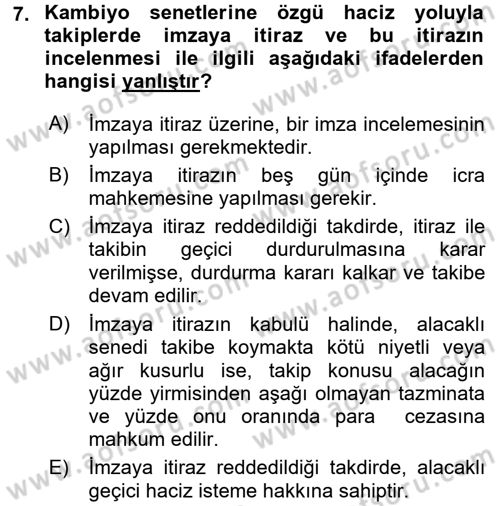 İcra İflas Hukuku Dersi 2015 - 2016 Yılı Tek Ders Sınav Soruları 7. Soru
