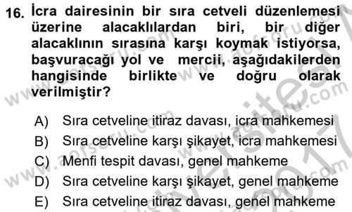 İcra İflas Hukuku Dersi 2016 - 2017 Yılı (Vize) Ara Sınav Soruları 16. Soru
