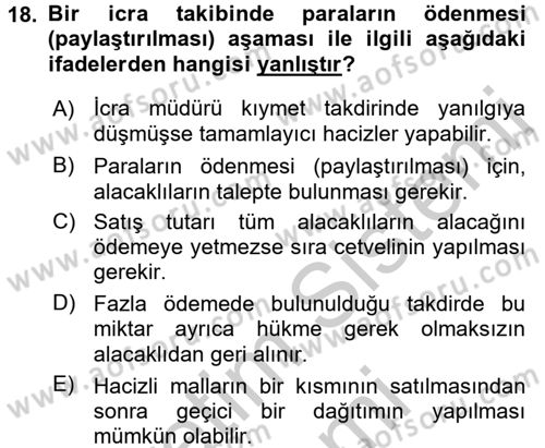 İcra İflas Hukuku Dersi 2016 - 2017 Yılı (Vize) Ara Sınav Soruları 18. Soru
