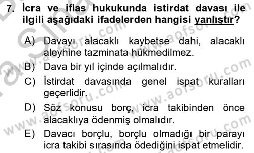 İcra İflas Hukuku Dersi 2016 - 2017 Yılı (Vize) Ara Sınav Soruları 7. Soru