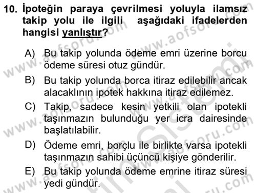 İcra İflas Hukuku Dersi 2016 - 2017 Yılı (Final) Dönem Sonu Sınav Soruları 10. Soru