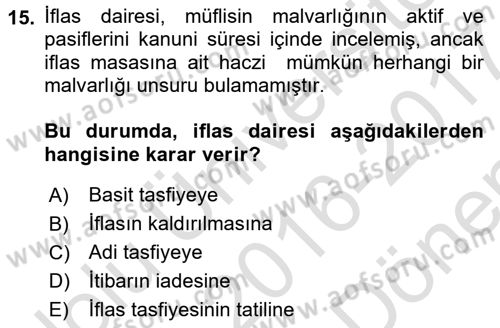 İcra İflas Hukuku Dersi 2016 - 2017 Yılı (Final) Dönem Sonu Sınav Soruları 15. Soru