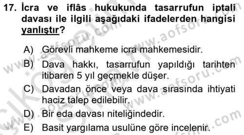 İcra İflas Hukuku Dersi 2018 - 2019 Yılı 3 Ders Sınav Soruları 17. Soru