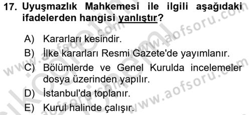 Yargı Örgütü Ve Tebligat Hukuku Dersi Ara Sınavı Deneme Sınav Soruları 17. Soru