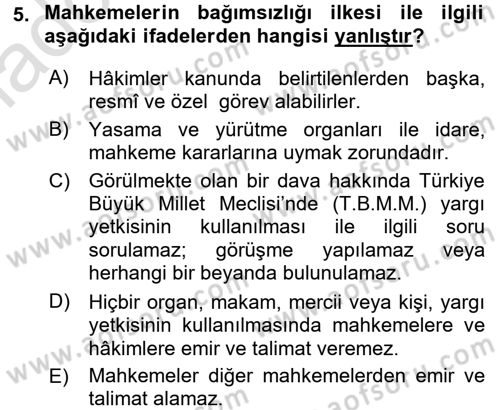 Yargı Örgütü Ve Tebligat Hukuku Dersi Ara Sınavı Deneme Sınav Soruları 5. Soru