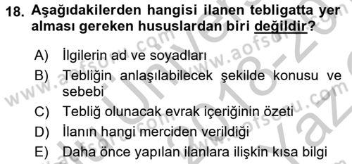 Yargı Örgütü Ve Tebligat Hukuku Dersi 2018 - 2019 Yılı Yaz Okulu Sınav Soruları 18. Soru