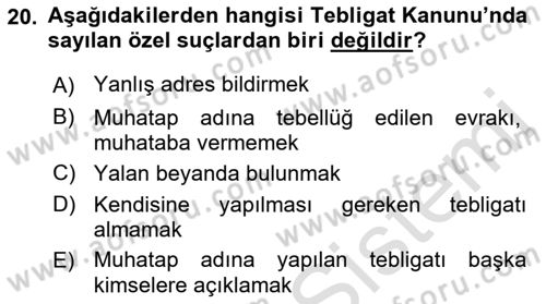 Yargı Örgütü Ve Tebligat Hukuku Dersi 2019 - 2020 Yılı (Final) Dönem Sonu Sınav Soruları 20. Soru