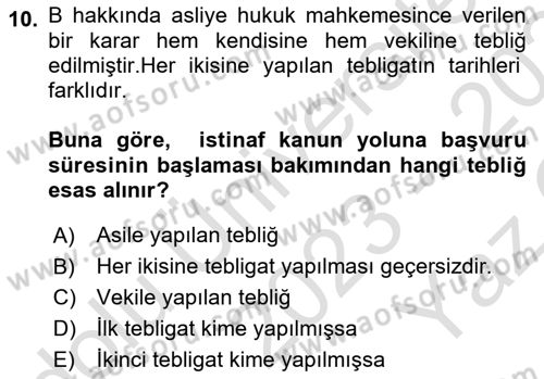 Yargı Örgütü Ve Tebligat Hukuku Dersi 2023 - 2024 Yılı Yaz Okulu Sınav Soruları 10. Soru