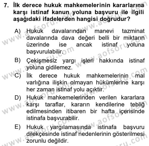 Yargı Örgütü Ve Tebligat Hukuku Dersi 2024 - 2025 Yılı (Vize) Ara Sınav Soruları 7. Soru