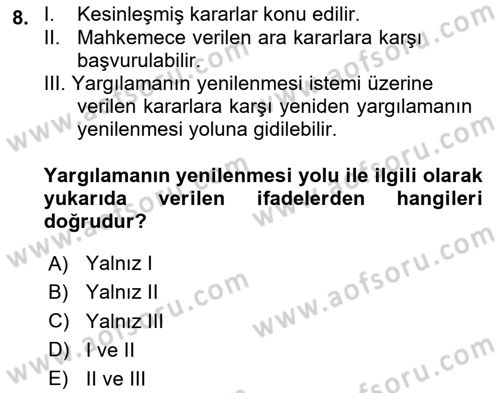 Yargı Örgütü Ve Tebligat Hukuku Dersi 2025 - 2026 Yılı (Final) Dönem Sonu Sınav Soruları 8. Soru
