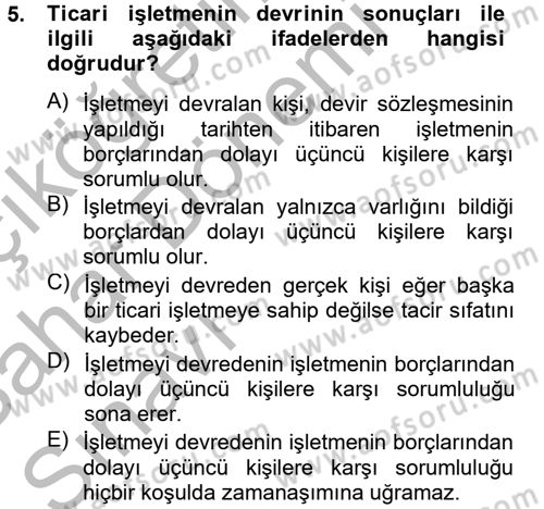 Ticaret Hukuku Dersi 2012 - 2013 Yılı (Vize) Ara Sınav Soruları 5. Soru