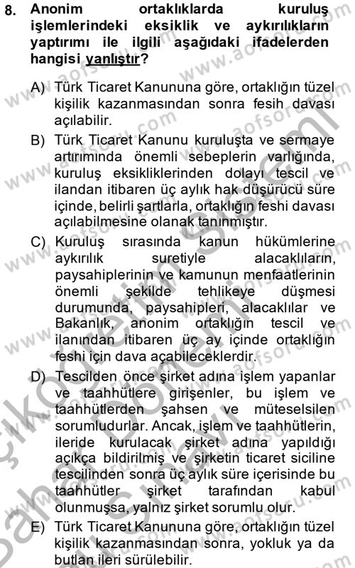 Ticaret Hukuku Dersi 2013 - 2014 Yılı (Final) Dönem Sonu Sınav Soruları 8. Soru
