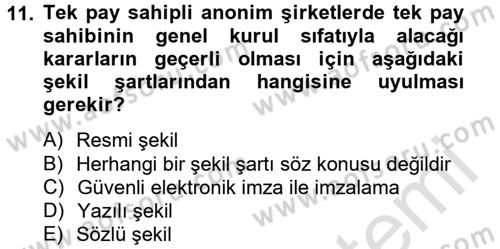 Ticaret Hukuku Dersi 2013 - 2014 Yılı Tek Ders Sınav Soruları 11. Soru