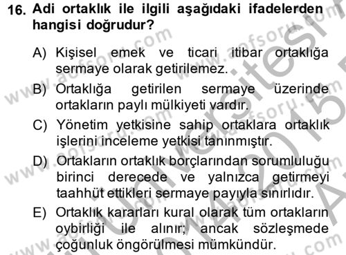 Ticaret Hukuku Dersi 2014 - 2015 Yılı (Vize) Ara Sınav Soruları 16. Soru
