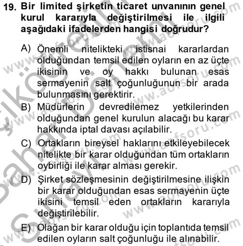 Ticaret Hukuku Dersi 2014 - 2015 Yılı (Vize) Ara Sınav Soruları 19. Soru