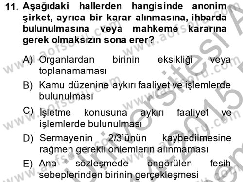 Ticaret Hukuku Dersi 2014 - 2015 Yılı (Final) Dönem Sonu Sınav Soruları 11. Soru