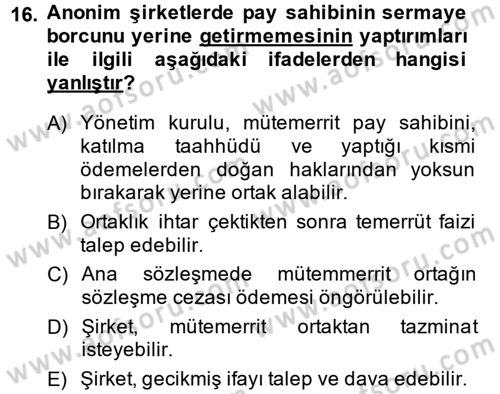 Ticaret Hukuku Dersi 2014 - 2015 Yılı (Final) Dönem Sonu Sınav Soruları 16. Soru