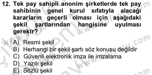 Ticaret Hukuku Dersi 2014 - 2015 Yılı Tek Ders Sınav Soruları 12. Soru