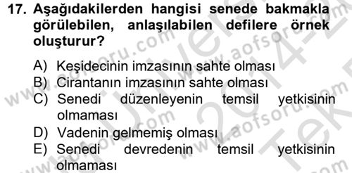 Ticaret Hukuku Dersi 2014 - 2015 Yılı Tek Ders Sınav Soruları 17. Soru