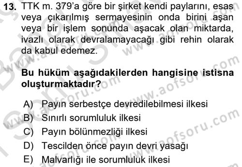 Ticaret Hukuku Dersi 2015 - 2016 Yılı (Final) Dönem Sonu Sınav Soruları 13. Soru