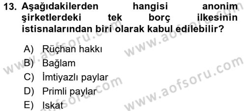 Ticaret Hukuku Dersi 2015 - 2016 Yılı Tek Ders Sınav Soruları 13. Soru