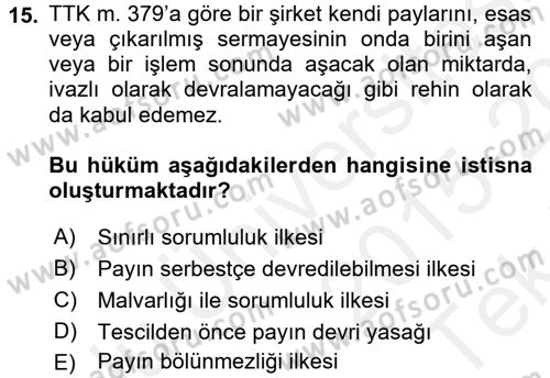 Ticaret Hukuku Dersi 2015 - 2016 Yılı Tek Ders Sınav Soruları 15. Soru