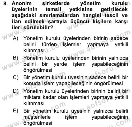 Ticaret Hukuku Dersi 2015 - 2016 Yılı Tek Ders Sınav Soruları 8. Soru