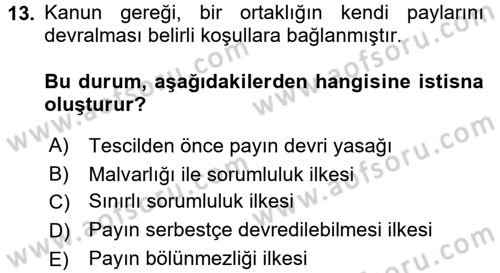 Ticaret Hukuku Dersi 2017 - 2018 Yılı (Final) Dönem Sonu Sınav Soruları 13. Soru