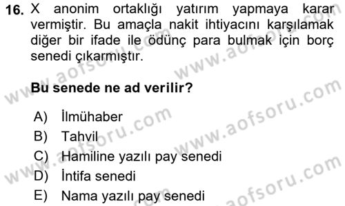 Ticaret Hukuku Dersi 2017 - 2018 Yılı (Final) Dönem Sonu Sınav Soruları 16. Soru