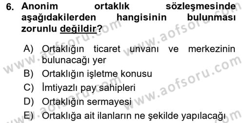 Ticaret Hukuku Dersi 2017 - 2018 Yılı (Final) Dönem Sonu Sınav Soruları 6. Soru