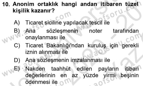 Ticaret Hukuku Dersi 2020 - 2021 Yılı Yaz Okulu Sınav Soruları 10. Soru