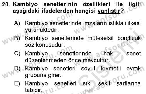 Ticaret Hukuku Dersi 2020 - 2021 Yılı Yaz Okulu Sınav Soruları 20. Soru