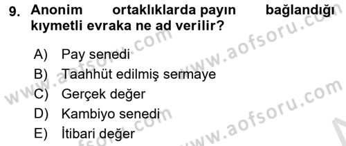 Ticaret Hukuku Dersi 2020 - 2021 Yılı Yaz Okulu Sınav Soruları 9. Soru