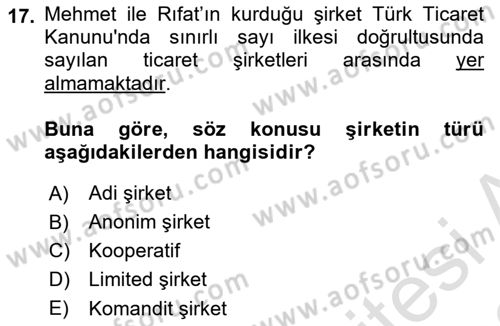 Ticaret Hukuku Dersi 2021 - 2022 Yılı (Vize) Ara Sınav Soruları 17. Soru