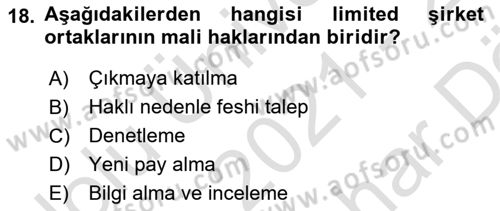 Ticaret Hukuku Dersi 2021 - 2022 Yılı (Vize) Ara Sınav Soruları 18. Soru