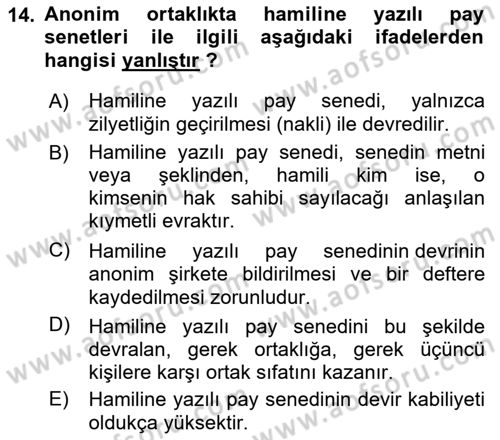 Ticaret Hukuku Dersi 2021 - 2022 Yılı (Final) Dönem Sonu Sınav Soruları 14. Soru
