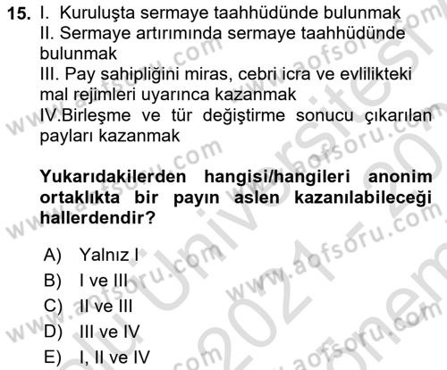 Ticaret Hukuku Dersi 2021 - 2022 Yılı (Final) Dönem Sonu Sınav Soruları 15. Soru