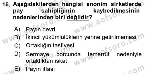 Ticaret Hukuku Dersi 2021 - 2022 Yılı (Final) Dönem Sonu Sınav Soruları 16. Soru