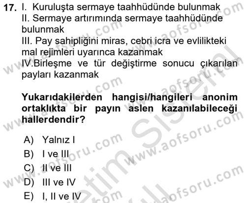 Ticaret Hukuku Dersi 2021 - 2022 Yılı Yaz Okulu Sınav Soruları 17. Soru
