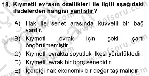 Ticaret Hukuku Dersi 2021 - 2022 Yılı Yaz Okulu Sınav Soruları 18. Soru