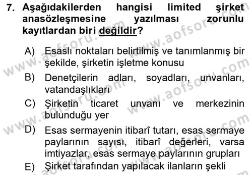 Ticaret Hukuku Dersi 2021 - 2022 Yılı Yaz Okulu Sınav Soruları 7. Soru
