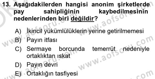 Ticaret Hukuku Dersi 2022 - 2023 Yılı Yaz Okulu Sınav Soruları 13. Soru