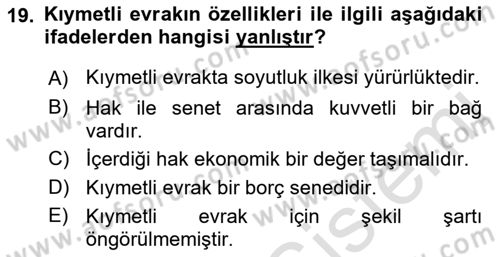 Ticaret Hukuku Dersi 2022 - 2023 Yılı Yaz Okulu Sınav Soruları 19. Soru
