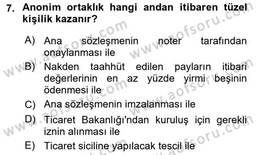 Ticaret Hukuku Dersi 2022 - 2023 Yılı Yaz Okulu Sınav Soruları 7. Soru