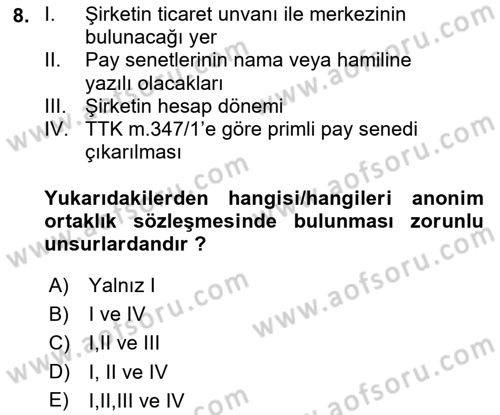Ticaret Hukuku Dersi 2022 - 2023 Yılı Yaz Okulu Sınav Soruları 8. Soru