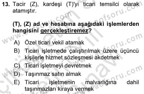 Ticaret Hukuku Dersi 2023 - 2024 Yılı (Vize) Ara Sınav Soruları 13. Soru