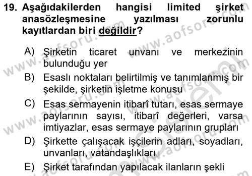 Ticaret Hukuku Dersi 2023 - 2024 Yılı (Vize) Ara Sınav Soruları 19. Soru