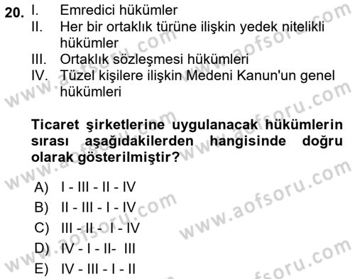 Ticaret Hukuku Dersi 2023 - 2024 Yılı (Vize) Ara Sınav Soruları 20. Soru